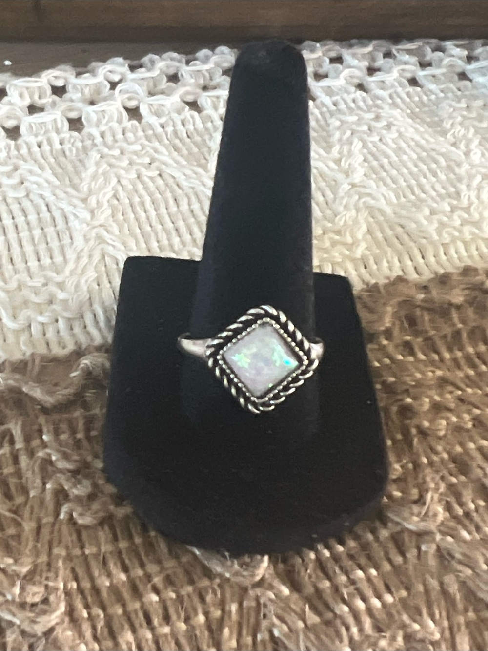 Opal Square Rope-Edge Ring - White Opalescent 30p2. Size 9